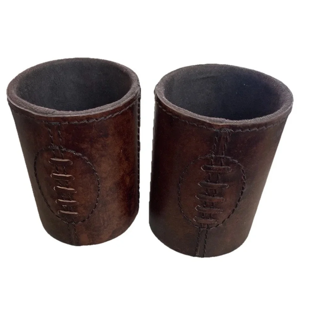 Vintage Lot of 2 Desktop Leather Wrapped Pen/Pencil Football Holders Office